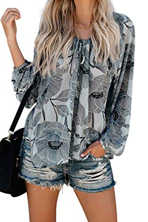 FARYSAYS Women's Casual Boho Floral Print V Neck Long Sleeve Shirts Tops Loose Blouses