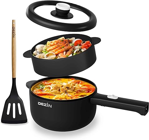 Dezin Electric Cooker, 2L Non-Stick Sauté Pan, Rapid Noodles Cooker, Mini Pot for Steak, Egg, Fried Rice, Ramen, Oatmeal, Soup with Power Adjustment, College Dorm Room Essential(Egg Rack Included)