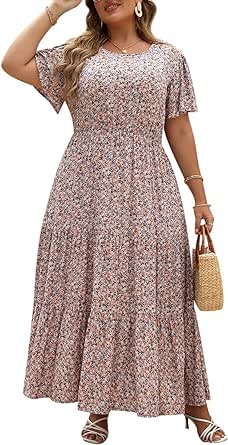 Nemidor Womens Plus Size Boho Ditsy Floral Print Casual Layered Flared Maxi Dress with Pocket