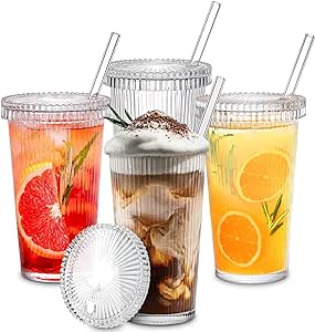 ALINK Glass Cups with Lids and Straws, 12 oz Iced Coffee Cup for Coffee Bar Accessories, Ribbed Glasses Drinking Set of 4, Glass Tumbler with Straw and Lid for Home Decor, Christmas Gifts for Women