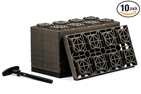 Camco FasTen 4x2 Leveling Block For Dual Tires, Interlocking Design Allows Stacking To Desired Height, Includes Secure T-Handle Carrying System, Brown (Pack of 10)