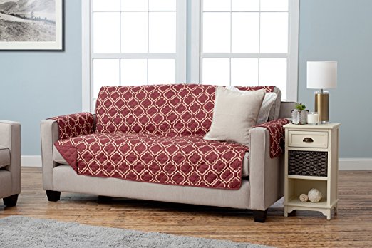 Adalyn Collection Deluxe Reversible Quilted Furniture Protector. Beautiful Print on One Side / Solid Color on the Other for Two Fresh Looks. By Home Fashion Designs Brand. (Sofa, Burgundy)