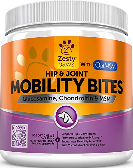 Glucosamine HCL   Chondroitin Sulfate & OptiMSM - Hip & Joint Treats for Dogs with Arthritis Pain - Chewable Mobility Bites With All Natural Immune & Cardiovascular Support for Pets - 90 Soft Chews