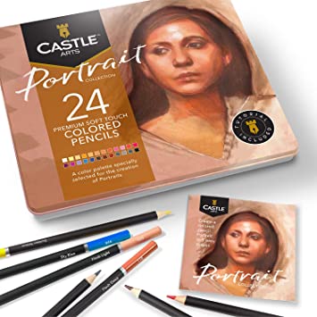 Castle Arts Themed 24 Colored Pencil Set in Tin Box, perfect ‘Portraits’ colors. Featuring, smooth colored cores, superior blending & layering performance achieves realistic results