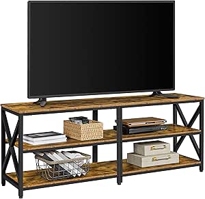 Yaheetech Meuble TV Banc TV en Bois pour TV jusqu'à 70 Pouces avec 3 Étagères, Meuble de Rangement pour Salon Chambre, Industriel, 160 × 40 × 61,5 cm, Brun Rustique