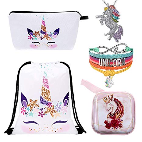 5 Unicorn Gifts Set for Girls- Unicorn Drawstring Backpack/Unicorn Makeup Bag/Handmade Rainbow Unicorn Bracelet Wristband/Rainbow Unicorn Necklace/Unicorn Coin Purse (Unicorn Gift-C)