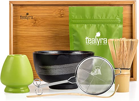 Tealyra - Matcha Kit - Connoisseur Ceremony Start Up Set - Premium Matcha Tea Powder - Japanese Made Black Bowl - Bamboo Whisk Scoop and Tray - Holder - Sifter