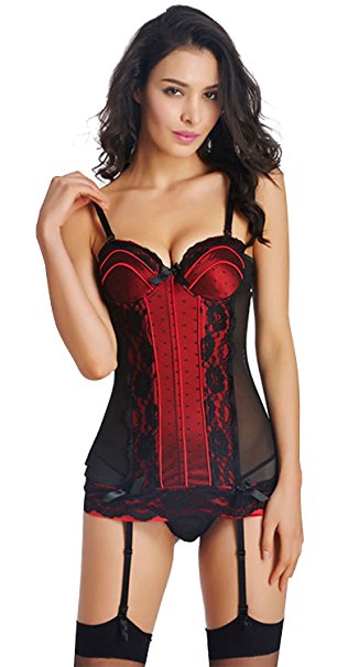 KILLREAL Women's Victorian Lace Mesh Push Up Bustier Corset Lingerie With Garter