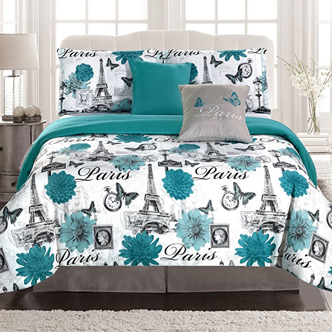 Paris Bedding Twin Comforter 4 Piece Bed Set Eiffel Tower Teal Blue Flower