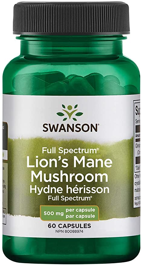 Swanson - Lion's Mane Mushroom Memory Support Mental Focus Brain Booster Herbal Supplement Hericium Erinaceus (Mycelium Biomass) 500 mg, 60 Capsules