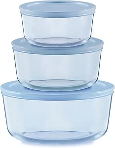 Pyrex Colors (3-Pack, Medium) Tinted Glass Round Food Storage Container Set, Snug Fit Non-Toxic Plastic BPA-Free Lids, Freezer Dishwasher Microwave Safe, 2 Cup, 4 Cup & 7 Cup, Blue