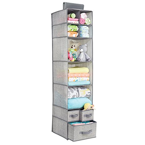 mDesign Fabric Baby Nursery Closet Organizer for Stuffed Animals, Blankets, Diapers - 7 Shelves and 3 Drawers, Gray