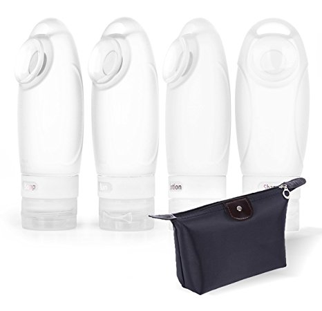 FullPlus Silicone Travel Bottle Set 3 Oz 4 Pack TSA Approved Carry On Shampoo Conditioner Bottle Leak Proof Design BPA Free with EVA Bag (3oz 4 Pack in Black Bag)