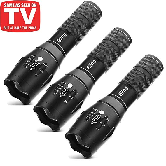 Tactical Flashlight, Bling 1600 Lumens Ultra Bright - CREE XML T6 LED Taclight As Seen On Tv, Focus Adjustable, 5 Modes,Water Resistant Portable For Outdoor Camping Hiking (3 PACK)