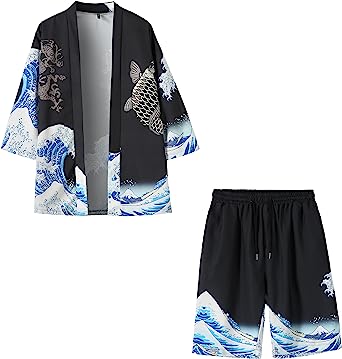 PRIJOUHE Mens Japanese Kimono Coat Suits Loose Open Front Seven Sleeve Kimono Cardigan Jacket with Shorts