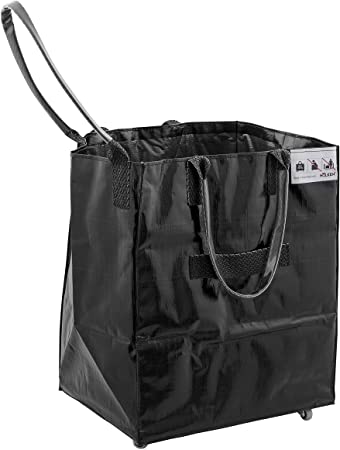 HULKEN - (Single Small, Shiny Black) Reusable Grocery Shopping Bag With Stainless Steel Wheels, Lightweight, Can Carry Up To 66 lb, Folds Flat, 3 Built-In Handles
