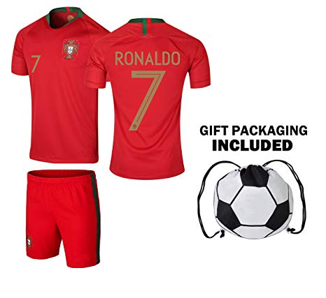 Portugal Ronaldo Kids 7 Soccer Kit Jersey and Free Shorts and Soccer Ball Drawstring BagAll Youth Sizes