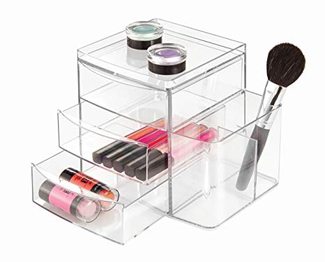 InterDesign Clarity Cosmetic Organizer for Vanity Cabinet to Hold Makeup, Brushes, Beauty Products - 3 Drawers and Caddy, Clear