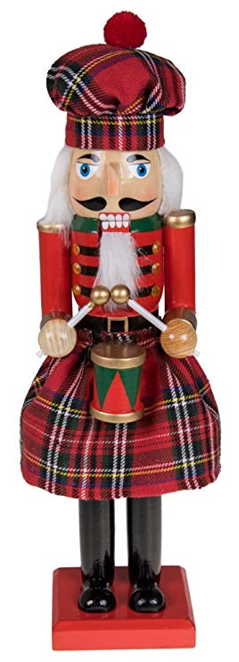 Clever Creations Traditional Scottish Wooden Nutcracker Decoration Red and Green Plaid Nutcracker with Drum | Premium Festive Christmas Decor | 15" Tall Perfect for Shelves & Table