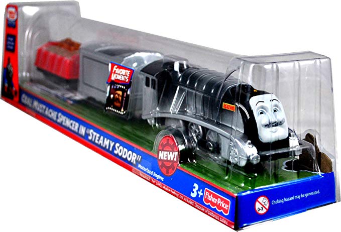 Thomas and Friends Favorite Moments Series As Seen On "Steamy Sodor" Trackmaster Motorized Railway Battery Powered Tank Engine 3 Pack Train Set - Coal Mustache SPENCER with Coal Loaded Wagon and Scrap Metal Loaded Wagon