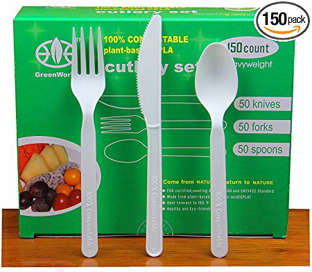 GreenWorks 100% Biodegradable Compostable CPLA Cornstarch 7" Disposable Cutlery Set,150 Ct( 50 Forks,50 Spoons,50 Knives) Heavyweight Utensils Flatware Cutlery Combo