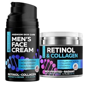 Men's Skincare Essentials - Day & Night Men Cream & Anti Aging Face Moisturizer - Collagen Vitamins E & A and Avocado Oil Facial Moisturizer 1.7oz and Retinol Cream with Collagen Vitamin E, Hyaluronic