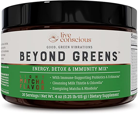 Beyond Greens Concentrated Superfood Powder - Matcha Flavor w/ Chlorella, Echinacea, & Probiotics for Immune Boost, Detox, & Energy | by Live Conscious - 30 Servings (New Packaging)