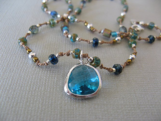 Knotted Silk Beaded Boho Necklace Aqua Glass Pendant