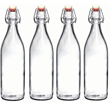 Bormioli Rocco Giara Clear Glass Bottle With Stopper [Set of 4] Swing Top Bottles Great for Beverages, Oil, Vinegar | 33 3/4 oz