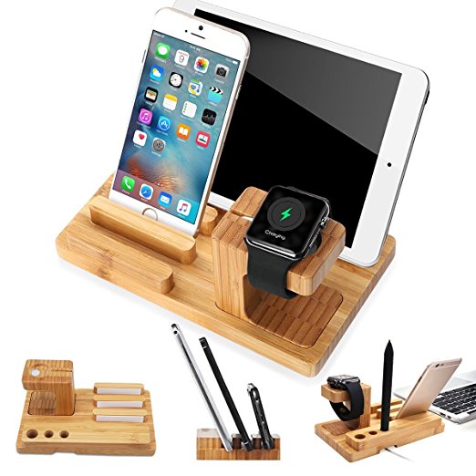 SEGMOI® Handmade Natural Bamboo Wood USB Charging Dock Station for Apple Watch and Bracket Desk Holder Cradle Stand For iPhone iWatch iPad Smartphones Tablets (Natural Wood)
