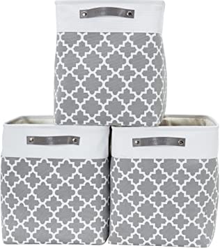 DECOMOMO Foldable Storage Bin | Collapsible Sturdy Cationic Fabric Storage Basket Cube W/Handles for Organizing Shelf Nursery Home Closet (Grey Pattern and White, Jumbo - 3 Pack)