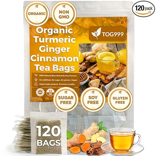 120 Tea Bags - Tumeric Ginger Cinnamon Tea, 100% Organic & Natural, Non-GMO, Hand-made Blend of Tumeric, Ginger, and Cinnamon. Eco-conscious Tea Bags. Tumeric Ginger Herbal Tea. No Sugar, No Caffeine, No Gluten, Vegan.