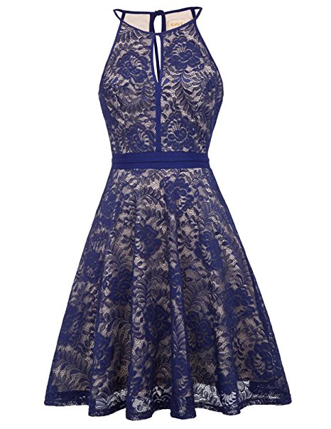 Kate Kasin Vintage Halter Sleeveless Swing Dress Keyhole Lace A-Line Dress KK638