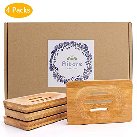 Aitere 4Pcs Natural Bamboo Soap Dish Soap Holder Soap Saver