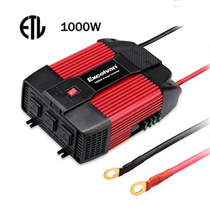 Excelvan 1000W Power Inverter 12V DC to 110V AC Converter, 3 US Outlets, Dual USB Charging Ports for LCD TV, Laptop and Camera