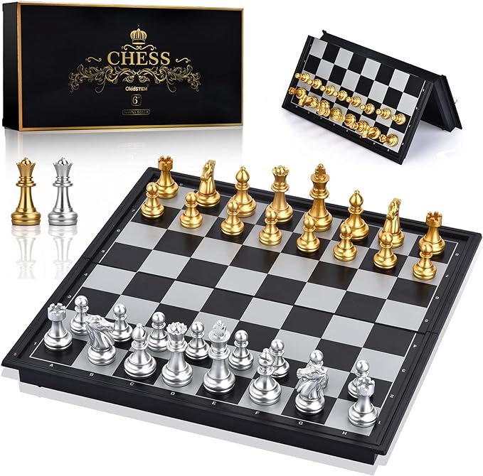 OkidSTEM Magnetic Travel Chess Set with Folding Games Board and 2 Extra Queens & Storage Bag for Kids and Adults (Gold & Silver)