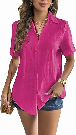 Zeagoo Women Linen Button Down Shirt Rolled Cuffed Short Sleeve Blouse Ladies Summer Casual V Neck Beach Cotton Tops