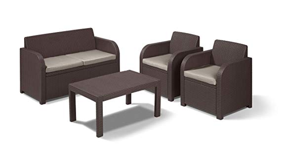 Keter Carolina Outdoor 4 Seater Rattan Lounge Table Garden Furniture Set - Brown with Taupe Cushions