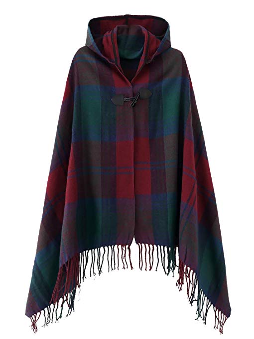 Women's Vintage Plaid Knitted Tassel Poncho Shawl Cape Button Cardigan