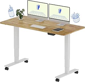 FLEXISPOT E6 Solid Wood Dual Motor 3 Stages Standing Desk 55x24 Inch Whole-Piece Board Rubber Wood Electric Height Adjustable Desk Stand Up Desk Large Load Capacity(White Frame   Solid Wood Desktop)