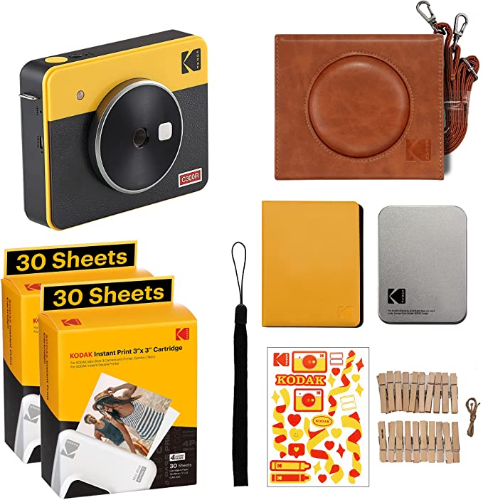 Kodak Mini Shot 3 Retro Accessory Gift Bundle 3x3 2-in-1 Instant Camera & Photo Printer, Compatible with iOS, Android & Bluetooth, Real Photo HD, 4PASS Technology & Laminated Finish – Yellow