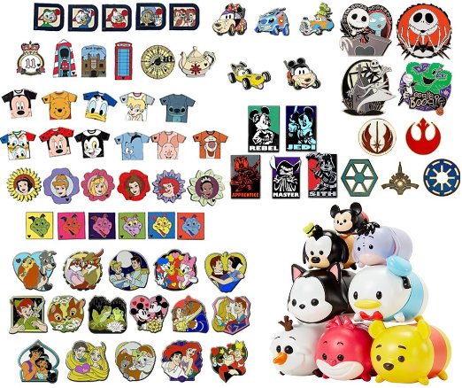 Disney Official Trading Pin Lot of 20 Lapel Collector Pins! No Duplication! Featuring a 3 Pack of Disney "Tsum Tsum" stackable figures! Produced By Owl Castle Toys!
