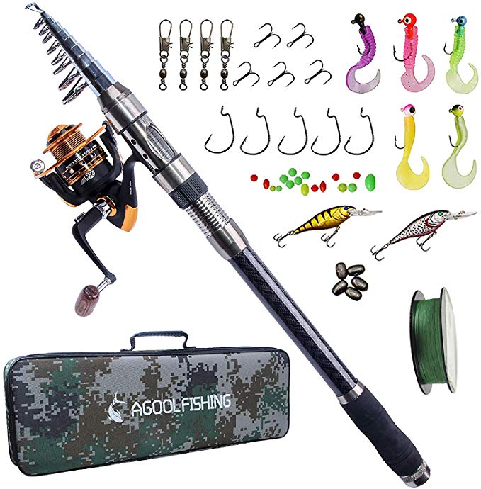 AGOOL Telescopic Fishing Rod and Reel Combo, Carbon Fiber Telescopic Spinning Portable Fishing Pole Fishing Gear with Line Lure Reel Hooks Fishing Bag for Sea Saltwater Freshwater Boat Fishing