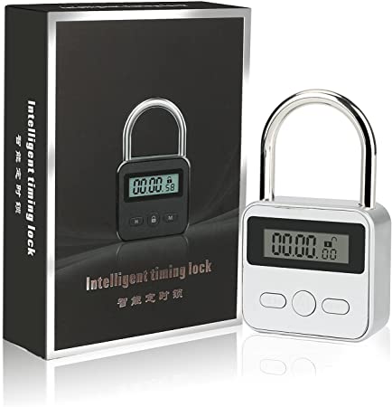 Metal Timer Lock, Ideashop 99 Hours Max Timing Electronic Lock with LCD Display Micro USB Rechargeable Timer Padlock (Silver)