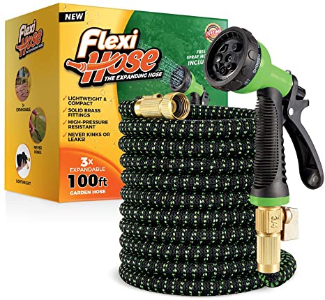 Flexi Hose Lightweight Expandable Garden Hose | No-Kink Flexibility - Extra Strength with 3/4 Inch Solid Brass Fittings & Double Latex Core | Rot, Crack, Leak Resistant (100 FT, Green/Black)