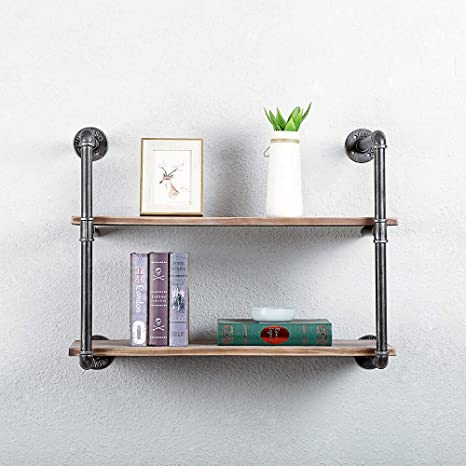 Industrial Pipe Shelving Wall Mounted,30in Rustic Metal Floating Shelves,Steampunk Real Wood Book Shelves,Wall Shelf Unit Bookshelf Hanging Wall Shelves,Farmhouse Kitchen Bar Shelving(2 Tier)