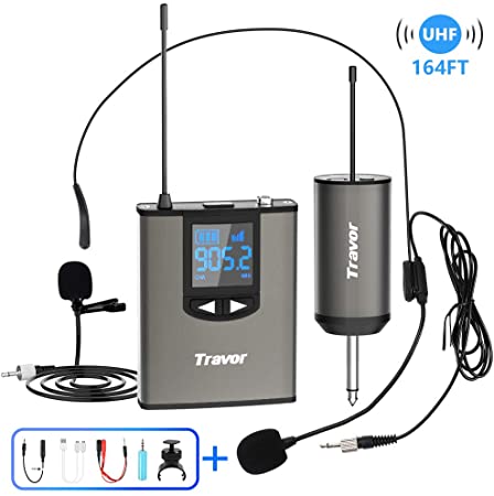 Travor Wireless Microphone System Headset/Lavalier Lapel Mic 164ft Range with Rechargeable Bodypack Transmitter & Receiver 1/4" Output for iPhone, PA Speaker, DSLR Camera, Recording, Teaching
