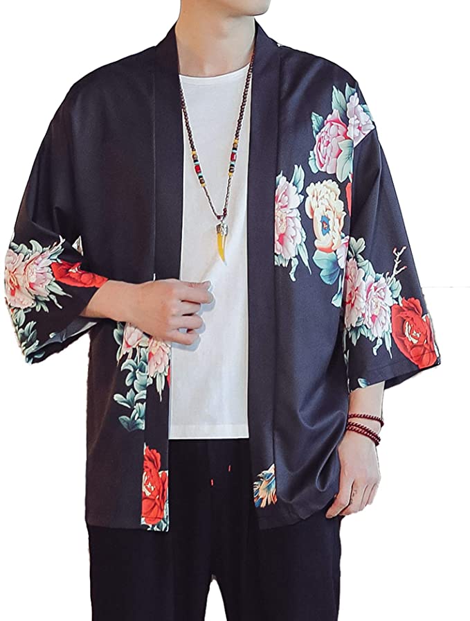 PRIJOUHE Men's Lightweight Kimono Jacket Seven Sleeve Open Front Cardigan Coat Japanese Style Bathrobe