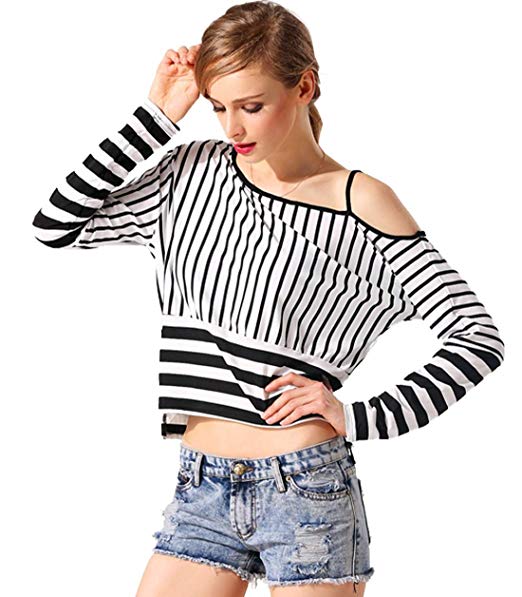 Zeagoo Summer Womens One Shoulder Striped T-shirt Tops Casual Blouse