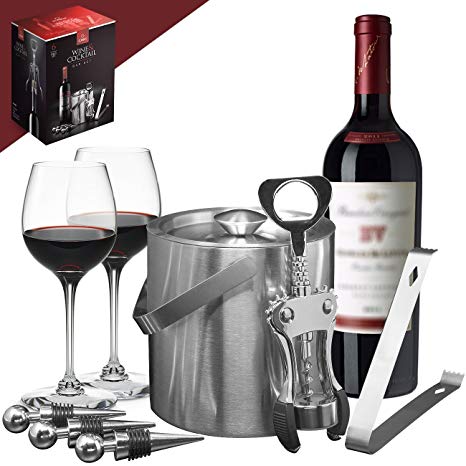 Sorbus Ice Bucket Wine Set — Deluxe 6 Piece Includes: Stainless Steel Double Walled Ice Bucket with Lid, Ice Tong, Bottle Opener, 3 Bottle Stoppers, For Any Occasion Great Holiday Gift